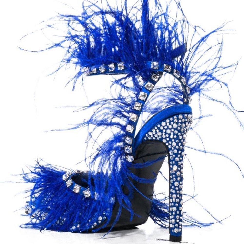 AZALEA WANG " SEEN ON SCENE " BLUE FEATHER AND DIAMOND EMBELLISHED (BRAND NEW !! - Picture 3 of 7